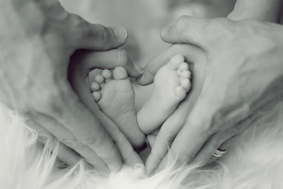 父母的手和婴儿的脚摆出爱心姿势