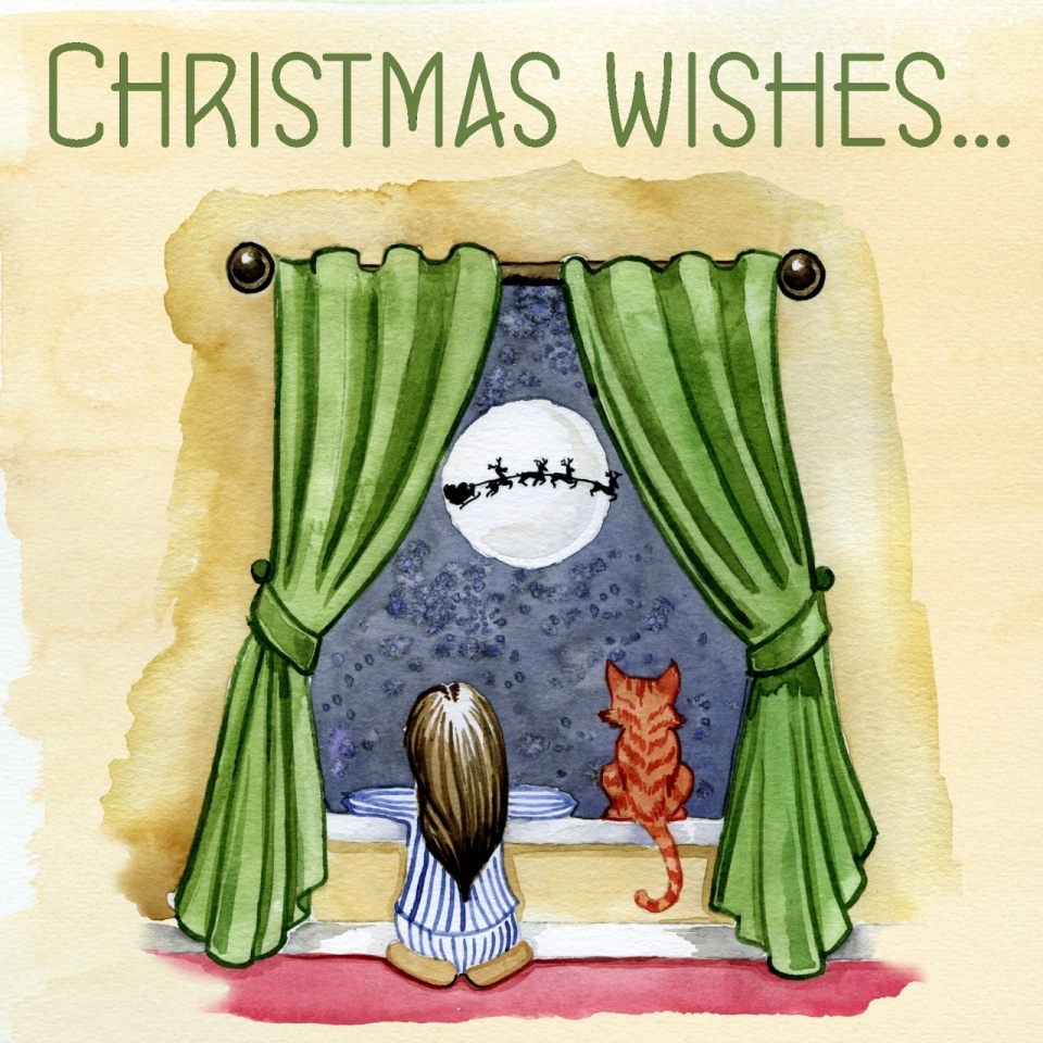 小女孩和猫坐在窗前看月亮前圣诞老人和拉着雪橇的麋鹿
