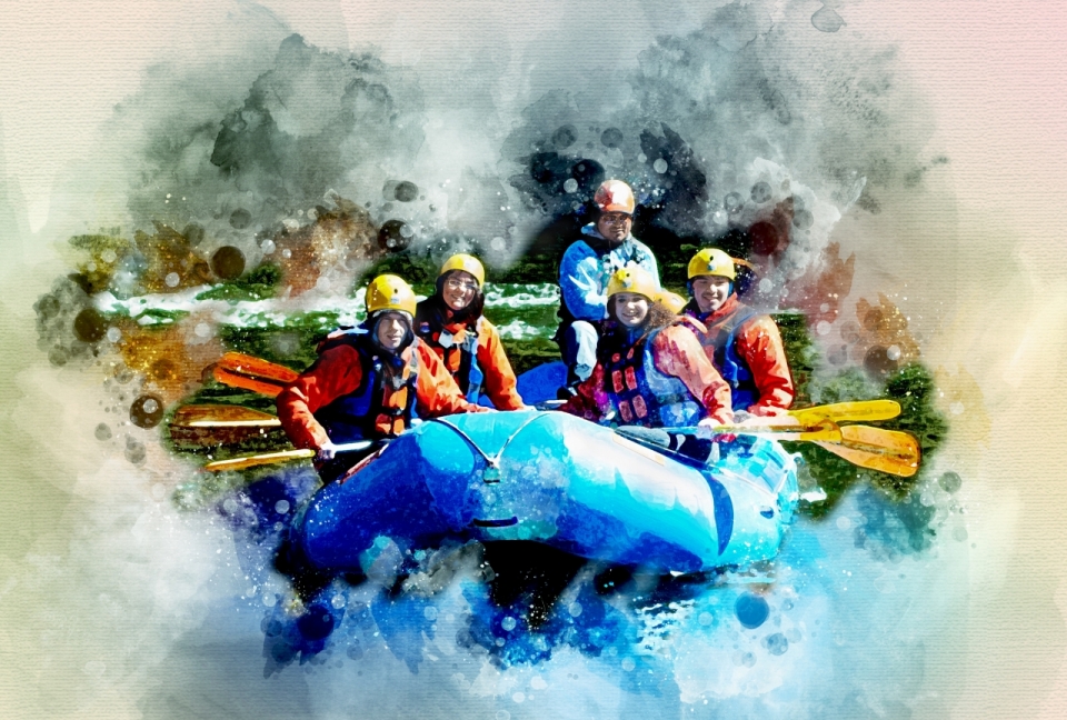坐这蓝色皮艇河道漂流的人水彩绘画作品