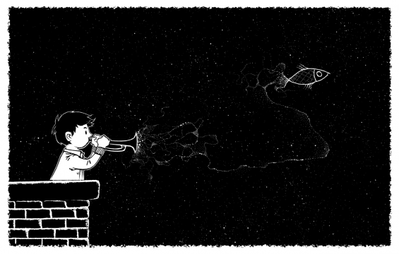 吹小号的少年创意卡通鲤鱼设计