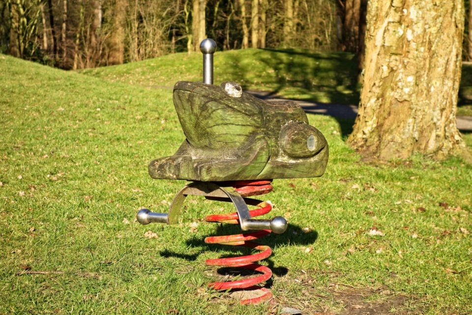 公园草地弹簧木制青蛙雕刻静物