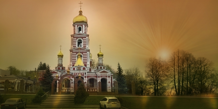 夜晚城市街道古典教堂建筑