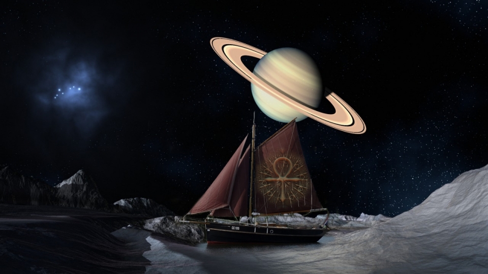 宇宙土星背景前一艘在水上行驶的船