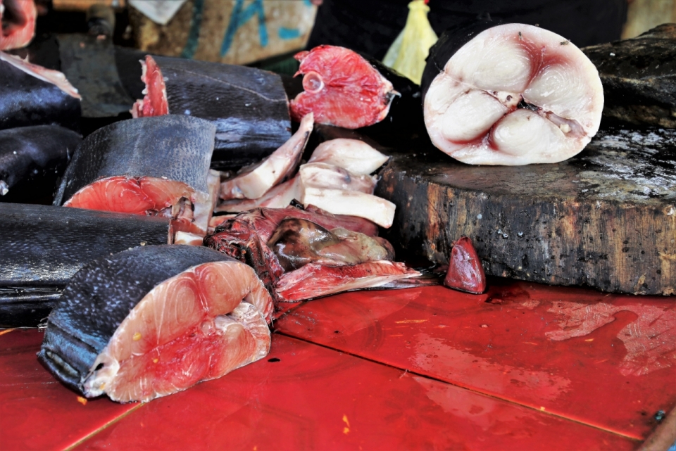 海鲜市场新鲜鱼肉处理抓拍