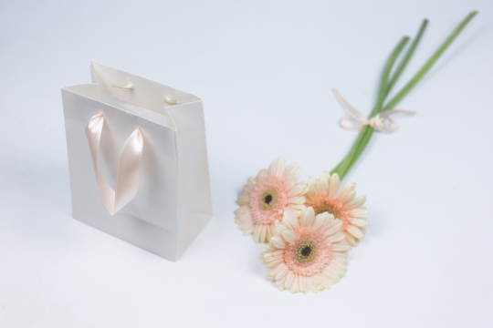 白色桌子购物袋和小白菊静物摄影