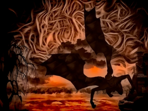 黑暗水墨风格恐怖的飞翔恶魔手绘