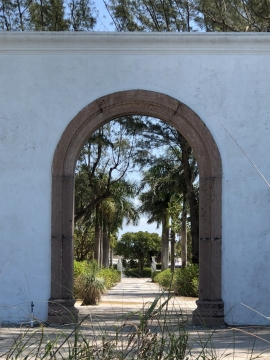 墙壁拱门外树林公园植物风光