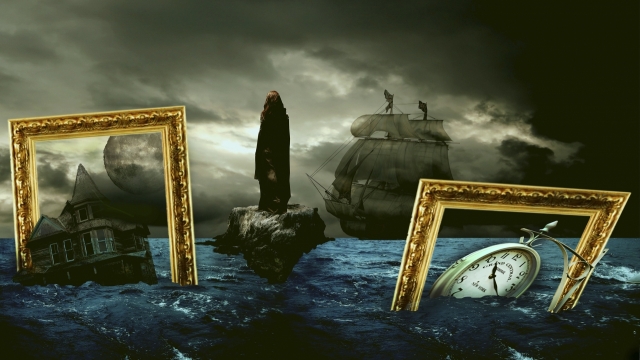 大海礁石上的男人和落水的画框