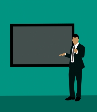 在黑板前讲解的穿西装男子卡通形象