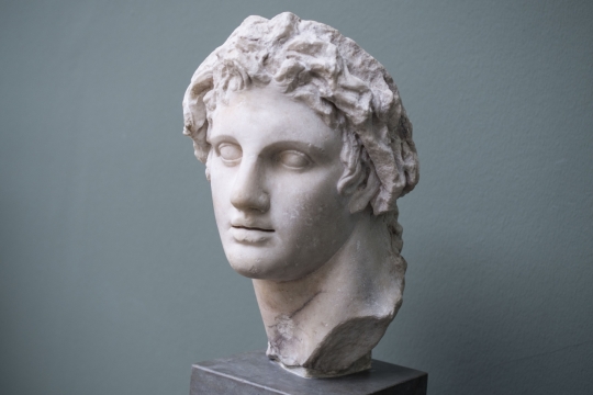 绿色背景白色石质男性头部雕塑