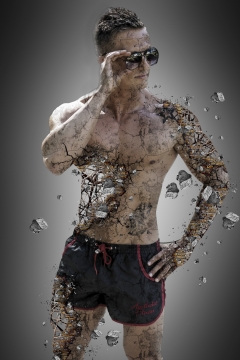 灰色背景泳装戴墨镜男性合成崩裂特效