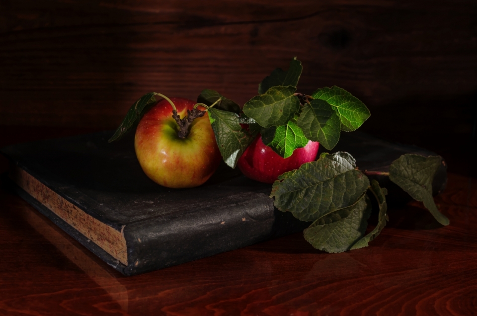 木桌黑色笔记本上的苹果水果