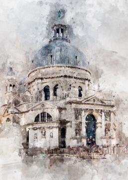 一幅水彩风格白墙蓝顶的宫殿水彩画