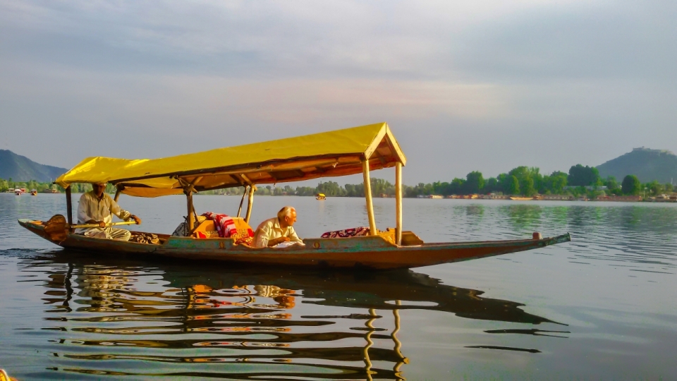 湖面金色顶棚木舟划船运动