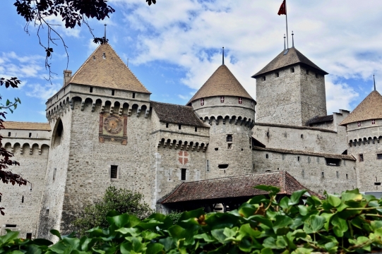 古老城堡灰色墙壁飘扬旗帜绿植风光