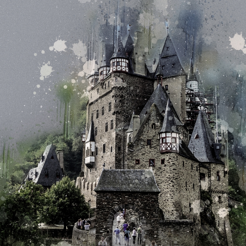 城堡天空画水彩油墨