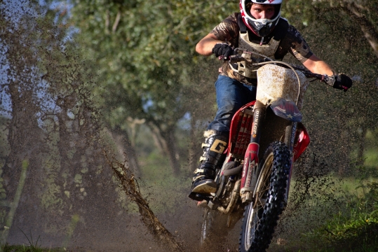 绿色树林中骑行比赛的摩托车手