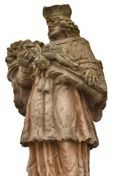 广场上抱着花束正在端详查看的古典学士雕像