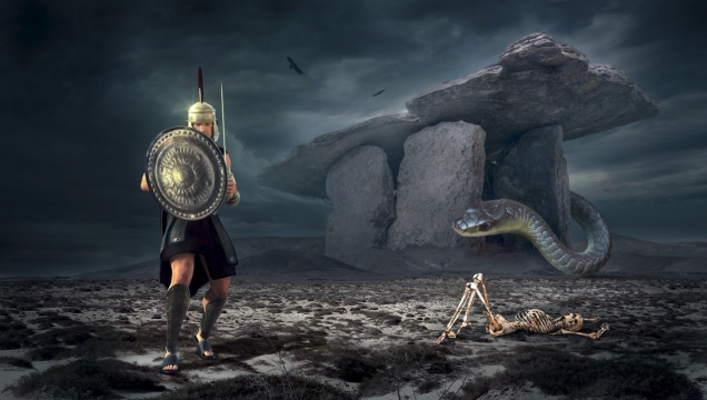 斯巴达勇士大战巨蟒惊悚图片