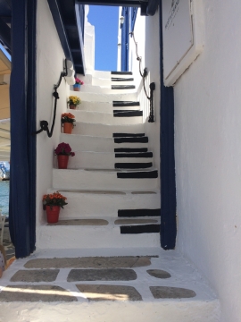 蓝天大海旁放满盆栽的房屋楼梯建筑