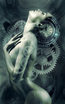 与齿轮时钟融为一体的美丽女子