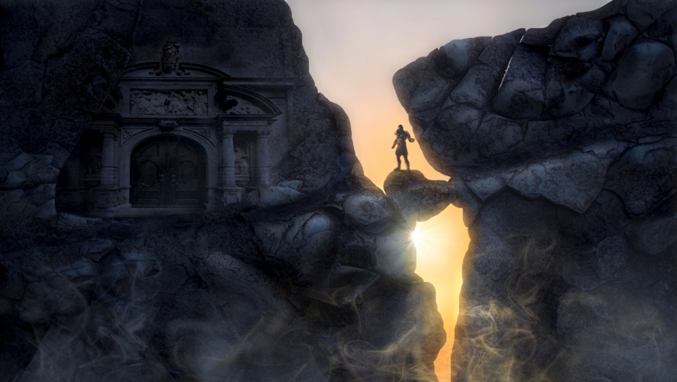 夕阳下山崖峭壁间一个人在石头桥上行走