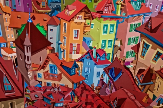 画师精心绘制城市建筑七彩颜色手绘