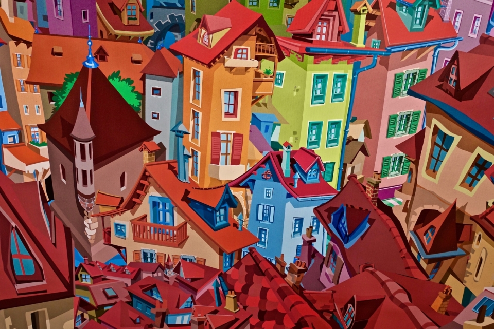 画师精心绘制城市建筑七彩颜色手绘
