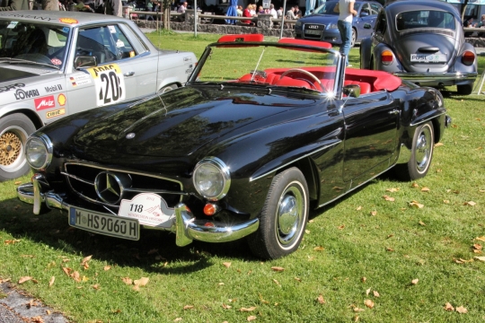 绿色草地上停放改装奔驰敞篷老爷车展示