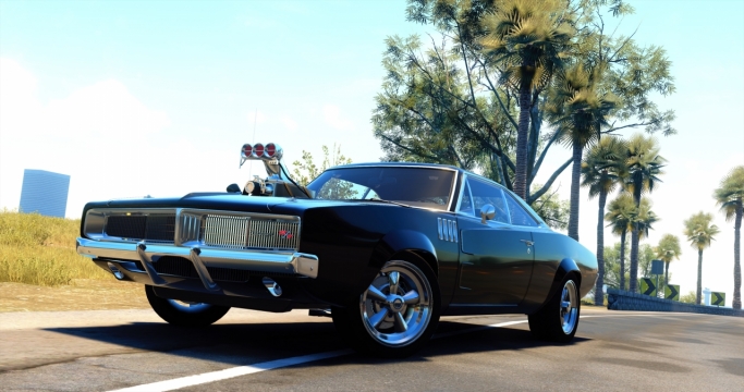 公路边黑色道奇肌肉公路赛车