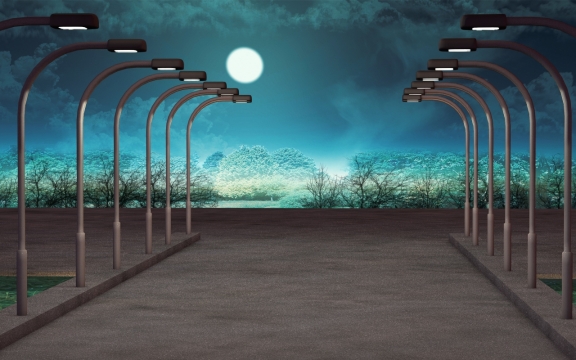 月空下街道路灯创意插画