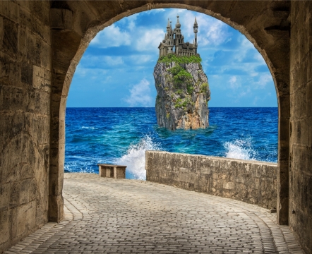 门洞外汹涌海浪石岛建筑