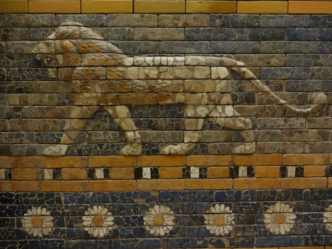 墙壁上凶猛狮子的浮雕