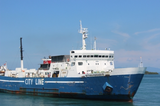 大海中航行巨大轮船蓝白色外观