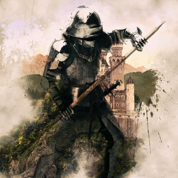 城堡与山脉前的中世纪骑士