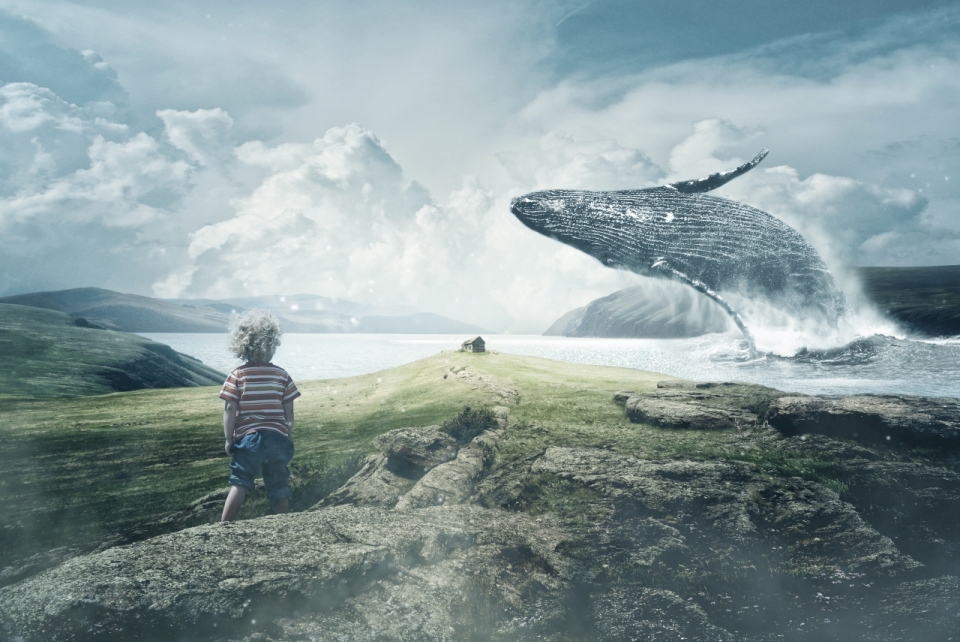 海岸边的小男孩看着远处的房屋和跃起的鲸鱼