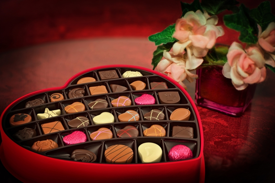 红色花纹桌上爱心铁盒巧克力和花盆摄影
