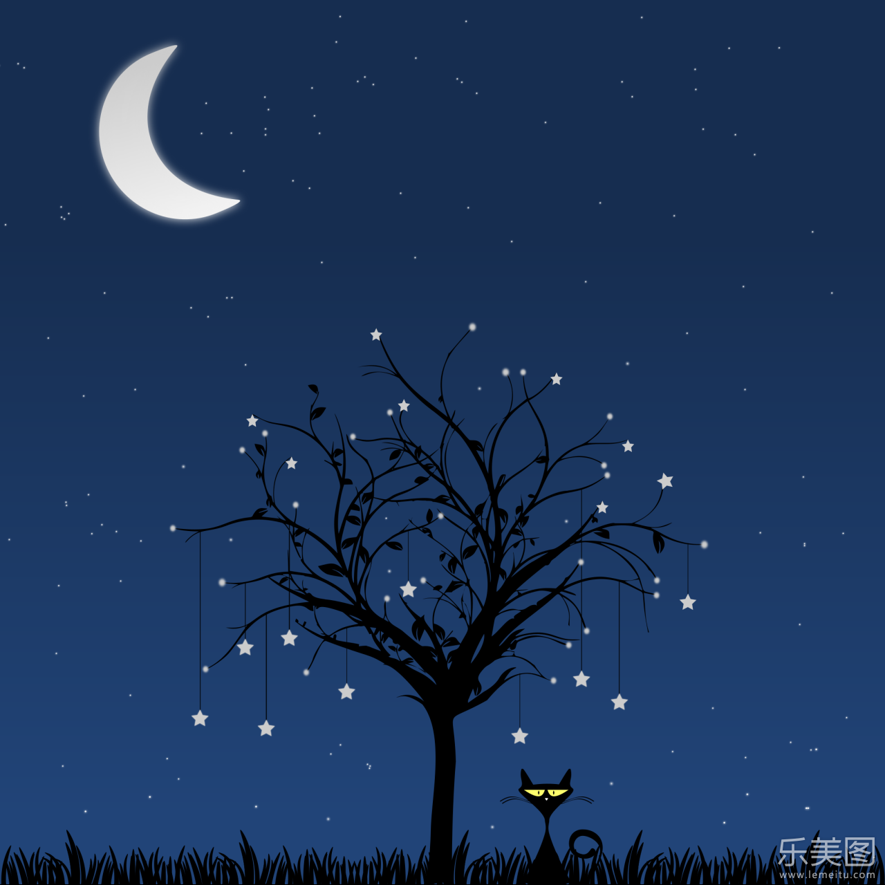 夜晚月亮星空下树上挂着星星树下小猫坐着休息