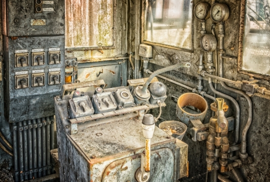 布满绣纹与青苔的老旧整齐火车仪表盘