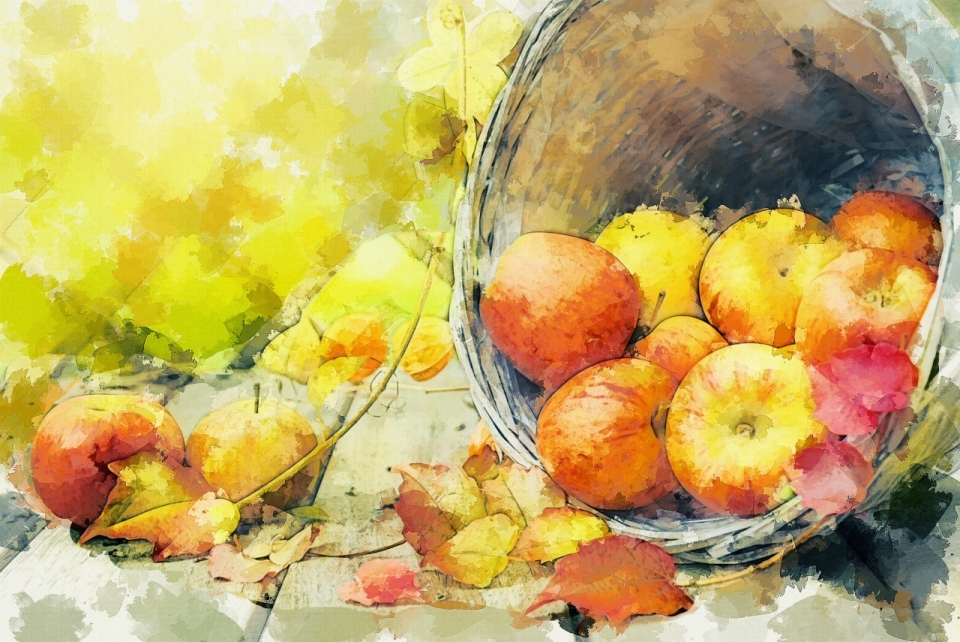 桌上摆满苹果的篮筐精美油画