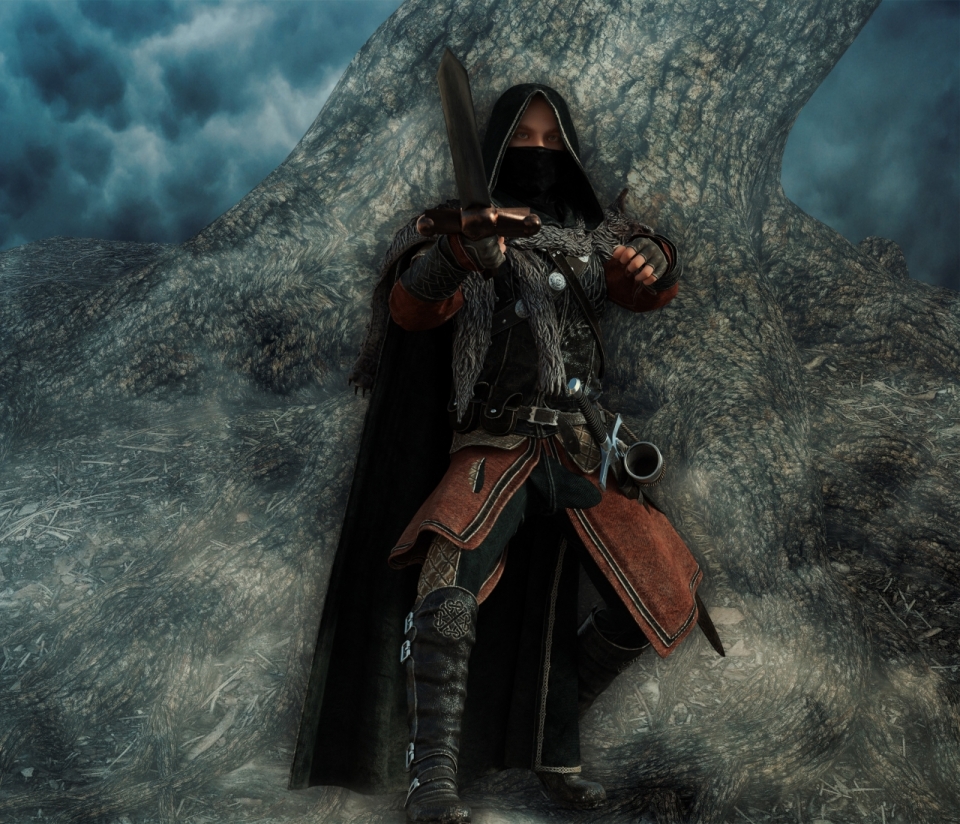 树木前带面罩黑衣举剑骑士游戏原画人物设计