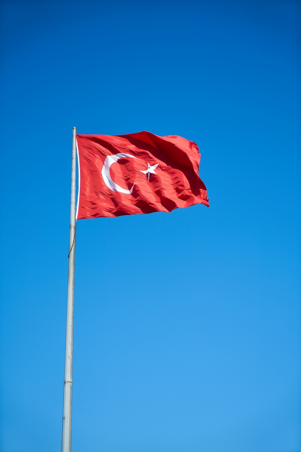 蓝天下飘扬的土耳其红色国旗