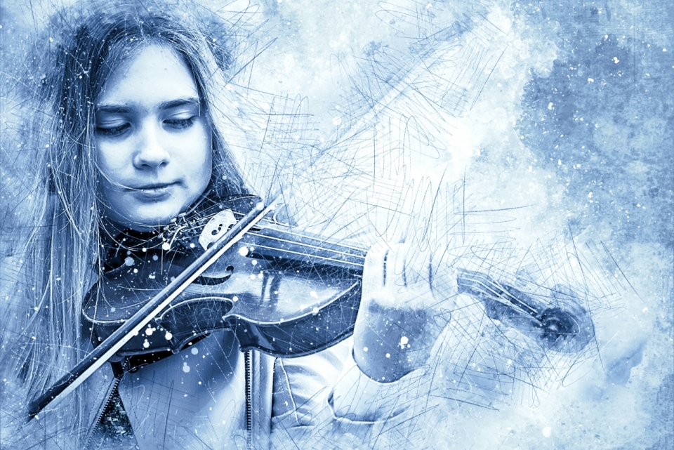 纯白世界中拉着小提琴的女孩