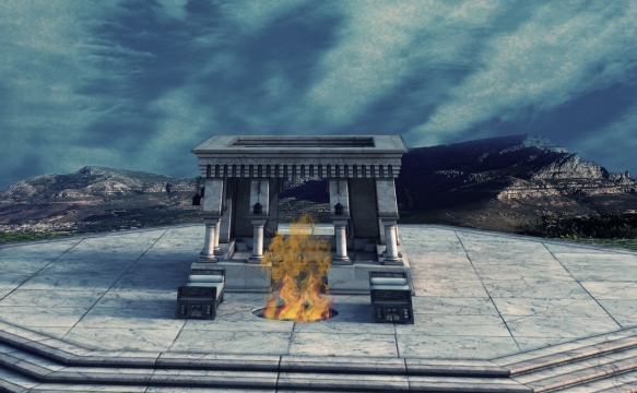 八边形平台上一堆火焰和石柱台子建筑