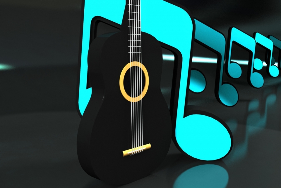 室内音符造型模型前黑色吉他乐器