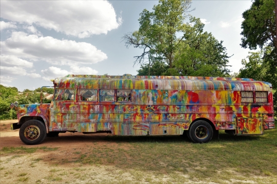 自然户外树木间彩色涂装公交车