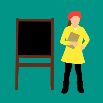 穿着黄色衣服在黑板前的小女孩卡通形象