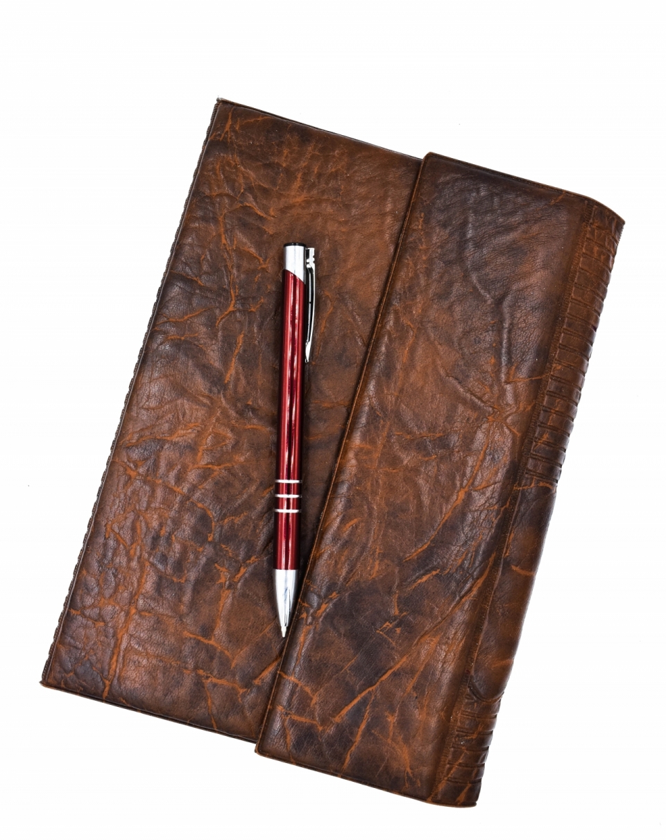 棕色皮质笔记本上红色圆珠笔