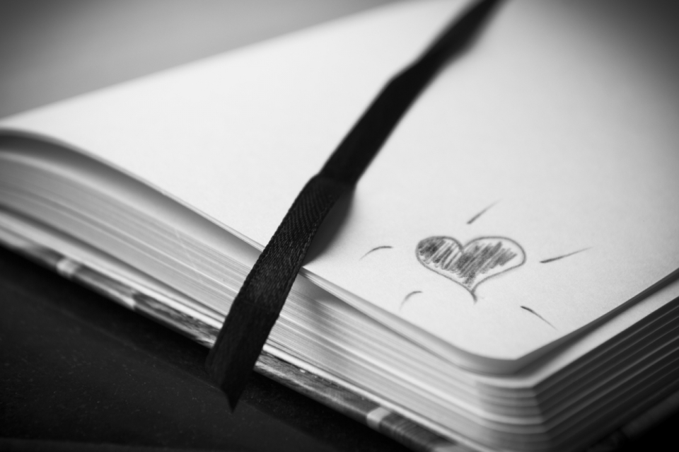 笔记本上画着心形的一页