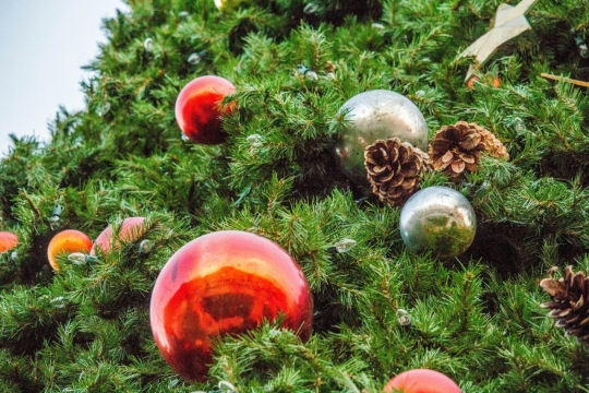 低矮圣诞树精致装饰品挂坠特写